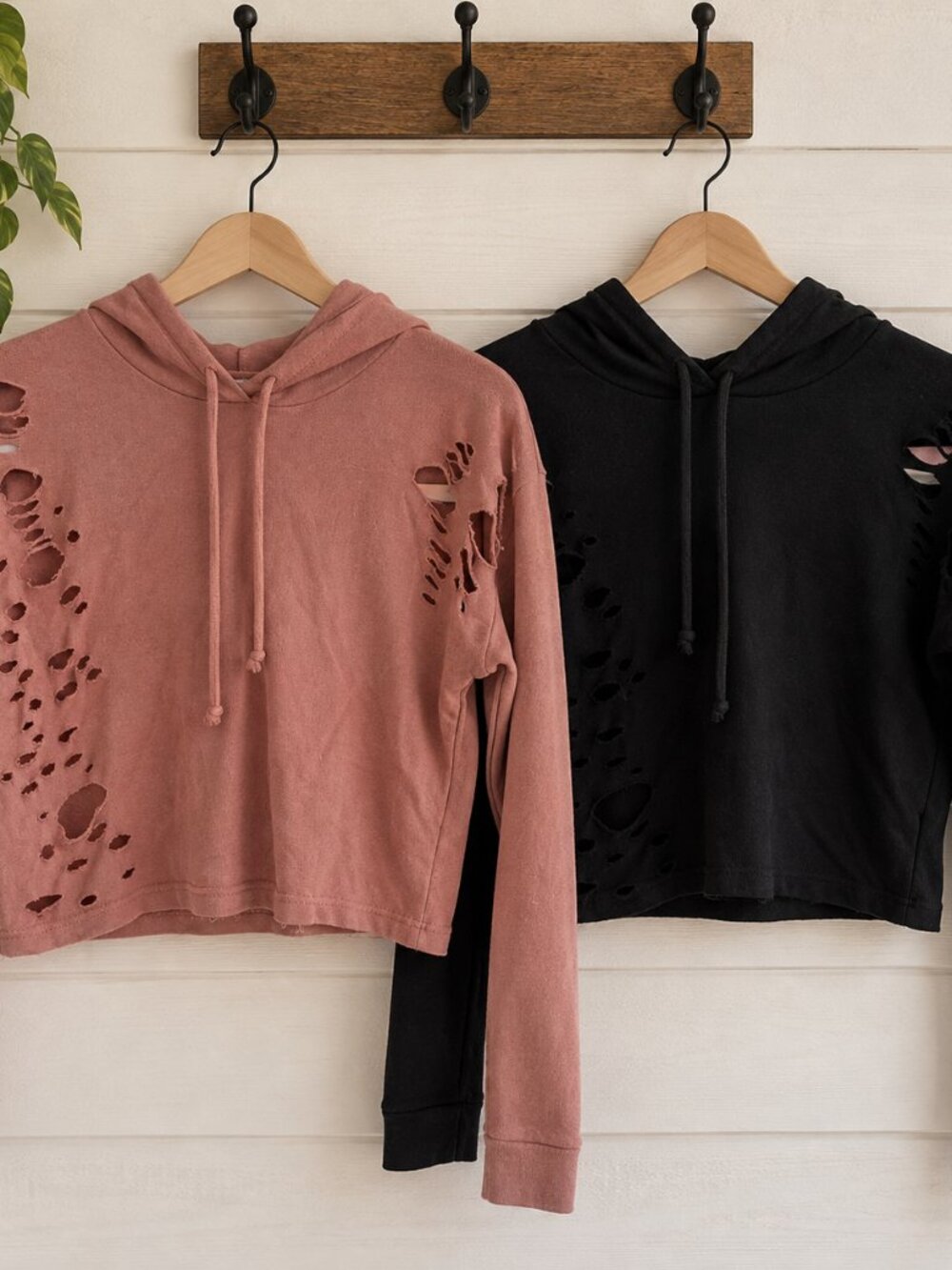 2 Charlotte Russe XS Distressed Cropped Hoodies Black Mauve Y2K Streetwear